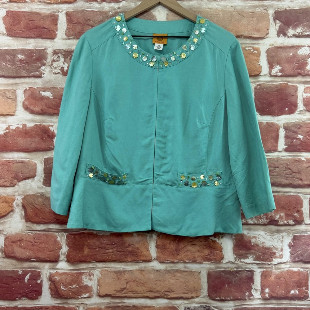 Ruby Rd Blazer Women's 16 Blue Linen Blend Beaded Trim Casual Career Jacket